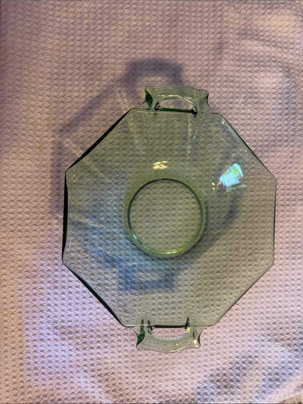Octagonal Green Glass Serving Bowl with Handles
